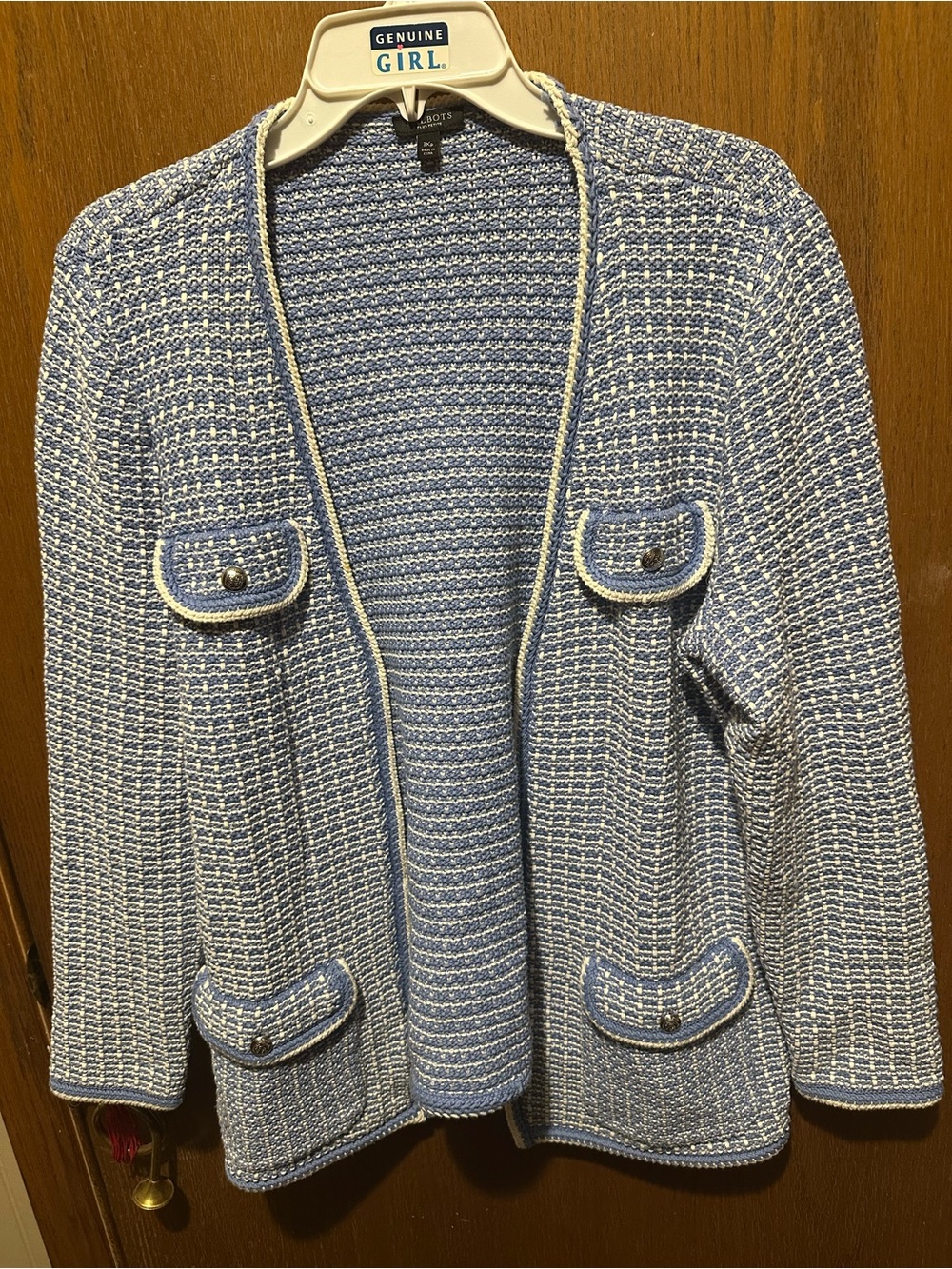 Talbots Blue and White Tweed Open-Front Cardigan